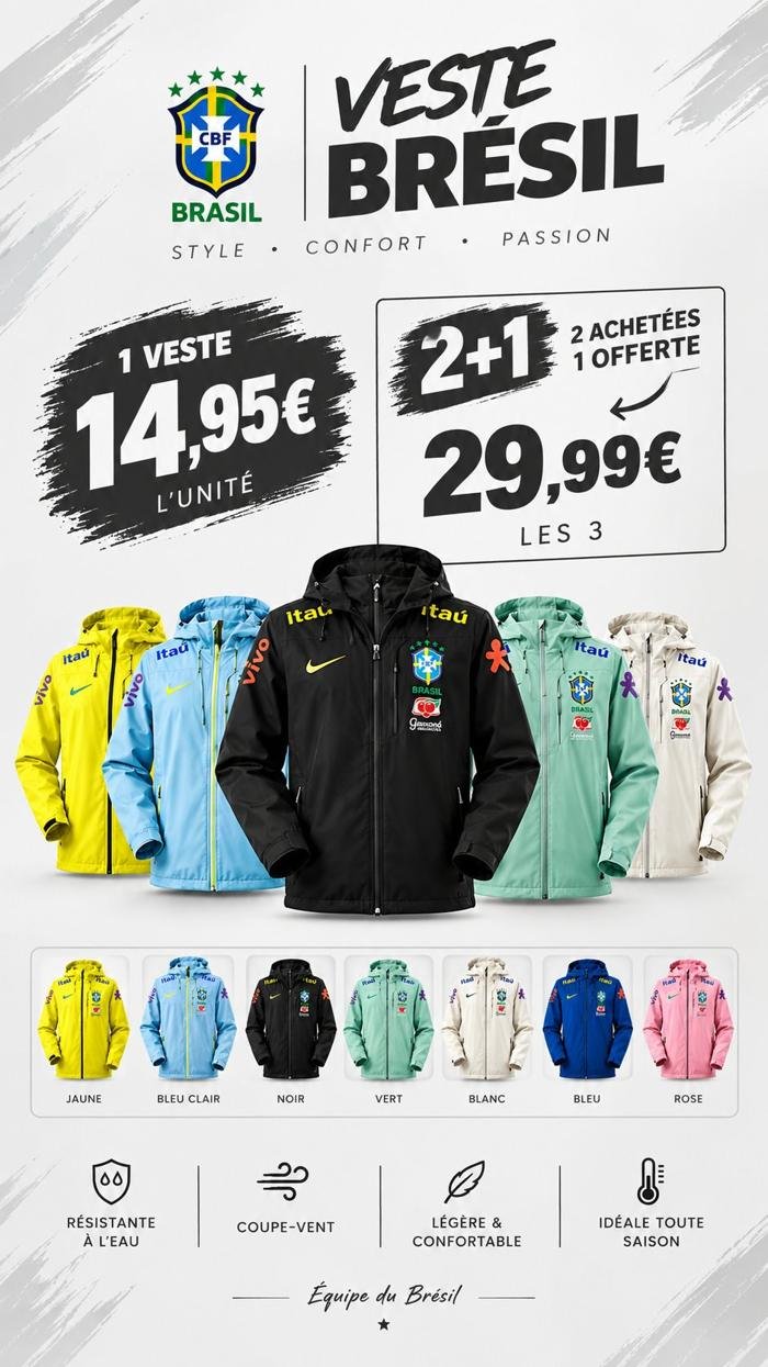 Veste Brésil — Style, confort, passion. 2 achetées, 1 offerte, 29,99€ les 3.